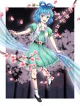  1girl :d bangs black_footwear blue_dress blue_eyes blue_hair blush border breasts cherry_blossoms dress floating flower frills full_body glowing_petals hair_ornament hair_rings hair_stick kaku_seiga kyabekko looking_at_viewer night night_sky open_clothes open_vest outdoors outside_border pink_flower puffy_short_sleeves puffy_sleeves see-through shawl short_hair short_sleeves sky small_breasts smile solo touhou tree vest white_border white_legwear white_vest 