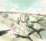  1girl angel_wings animal arm_up bad_id bad_pixiv_id barefoot bird black_bird blue_sky brown_hair building cloud cloudy_sky crow day dress facing_away feathered_wings fence floating_hair flying from_above from_behind grass haibane_renmei halo heel_up hill hipo house kneepits landscape legs_apart medium_dress muted_color nature open_hand outdoors picket_fence power_lines rakka_(haibane) red_sailor_collar road sailor_collar sailor_dress scenery short_hair short_sleeves sidelighting skirt_hold sky solo standing stream town tree utility_pole water waving_arm white_dress white_wings wide_shot wind wind_turbine wings wooden_fence 