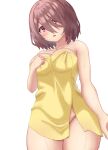  1girl absurdres bangs bare_shoulders blush breasts brown_hair cleavage collarbone hair_over_one_eye highres hoshino_miyako_(wataten) kajitsu_no_hito large_breasts looking_at_viewer naked_towel open_mouth red_eyes short_hair solo towel watashi_ni_tenshi_ga_maiorita! wet 