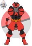  1ceberg absurd_res anthro balls claws crossed_arms erection fangs felid genitals hi_res incineroar looking_at_viewer male mammal muscular muscular_male nintendo nude pecs pok&eacute;mon pok&eacute;mon_(species) red_body smile smirk solo spread_legs spreading standing video_games 