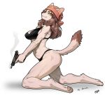  2022 anthro beanie bra breasts brown_hair canid canine canis clothing dipstick_tail domestic_dog eyebrows eyelashes female freckles gun hair handgun hat headgear headwear hi_res inner_ear_fluff kneeling looking_at_viewer mammal markings orange_eyes panties pawpads pgm300 ranged_weapon smoke solo tail_markings tuft underwear weapon 