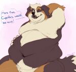  2021 anthro belly belly_grab bernese_mountain_dog canid canine canis dialogue digital_drawing_(artwork) digital_media_(artwork) domestic_dog english_text fluffy fur hair koorivlf male mammal molosser mountain_dog navel nude obese obese_anthro obese_male overweight overweight_anthro overweight_male raised_arm sam_(thesammon) simple_background smile solo speech_bubble swiss_mountain_dog text 