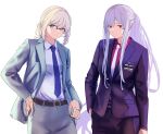  2girls 3_small_spiders absurdres ak-12_(girls&#039;_frontline) an-94_(girls&#039;_frontline) aqua_eyes aqua_jacket bangs belt blonde_hair blue_necktie closed_mouth eyebrows_visible_through_hair formal girls&#039;_frontline hand_in_pocket highres id_card jacket long_hair looking_at_viewer multiple_girls necktie official_alternate_costume open_clothes open_jacket pants ponytail purple_eyes purple_jacket red_shirt shirt silver_hair smile standing suit white_background white_necktie white_shirt 