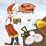  2020 3_toes absurd_res anthro breasts butt christmas_present cinderace cutaway feet female front_view fur genitals happy hi_res holding_object nintendo nipples open_mouth outside plant pok&eacute;mon pok&eacute;mon_(species) pussy red_eyes skunkleh snow solo speech_bubble standing toes tree video_games white_body white_fur 