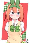  1girl arms_behind_back bangs blue_eyes blush bow closed_mouth collared_shirt commentary_request eyebrows_behind_hair flying_sweatdrops go-toubun_no_hanayome green_bow green_ribbon green_skirt hair_between_eyes hair_ribbon highres kujou_karasuma nakano_yotsuba orange_hair plaid plaid_background pleated_skirt ribbon shirt short_sleeves signature skirt solo sweater_vest white_shirt 