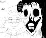  absurd_res anthro black_and_white bodily_fluids canid canine canis clothing comic digital_media_(artwork) english_text fur hair hi_res kazzy_(artist) looking_at_viewer male mammal manga monochrome nightmare_fuel signature simple_background smile spirit tears text wolf 