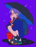  1boy alternate_costume backpack bag blue_jacket freckles glasses hand_on_own_chin head_rest holding holding_umbrella jacket jojo_no_kimyou_na_bouken long_hair male_focus plant potted_plant profile purple_hair red_eyes round_eyewear sempon_(doppio_note) shoes short_ponytail shorts sneakers solo sunglasses umbrella vento_aureo vinegar_doppio 