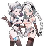  2girls absurdres ahoge alternate_costume apron bare_shoulders bikini black_legwear blue_eyes braid breast_press breasts commission commissioner_upload cosplay cuffs detached_collar elbow_gloves fire_emblem fire_emblem_fates frilled_gloves frills garter_straps gloves grey_eyes grey_hair head_scarf highres looking_at_viewer maid maid_apron maid_bikini maid_headdress medium_breasts medium_hair midriff multiple_girls nina_(fire_emblem) pantyhose saaal653 sophie_(fire_emblem) string_bikini swimsuit thetis_(last_origin) thetis_(last_origin)_(cosplay) thighhighs twin_braids undine_(last_origin) undine_(last_origin)_(cosplay) upper_body waist_apron white_hair 