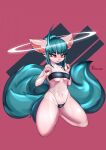  2022 5_fingers accessory anthro blue_eyes blue_hair blue_nose blue_tail breasts canid canine clothing female fingers fluffy fluffy_tail fox fur gris_swimsuit hair hair_accessory hairclip halo hi_res horn kneeling mammal medium_breasts meme meme_clothing multicolored_eyes navel navel_piercing one-piece_swimsuit open_mouth piercing pink_body pink_eyes pink_fur solo swimwear translucent translucent_clothing translucent_swimwear 