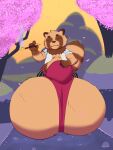  2021 anthro asian_clothing balls big_balls brown_body brown_fur brown_nose bulge canid canine cherry_blossom cherry_blossom_tree cherry_tree clothed clothing digital_drawing_(artwork) digital_media_(artwork) east_asian_clothing fruit_tree fundoshi fur genitals hi_res huge_balls hyper hyper_balls hyper_genitalia japanese_clothing kiseru league_of_legends male mammal markings plant raccoon_dog riot_games sharp_teeth slightly_chubby smile smoking_pipe solo spirit_blossom_teemo striped_markings striped_tail stripes tail_markings tanuki teemo_(lol) teeth tree underwear vezerem video_games yordle 