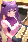  1girl apron baking bare_arms bare_shoulders beppu_mitsunaka blush bow braid chocolate double_bun food genshin_impact hair_bow hair_bun highres holding holding_tray keqing_(genshin_impact) kitchen looking_at_viewer microwave mittens oven_mitts purple_eyes purple_hair purple_sweater sleeveless smile sweater tray turtleneck twintails 