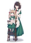  2girls 40hara animal_ear_fluff animal_ears apron bangs black_hair blunt_bangs cat_ears cat_girl cat_tail dress frilled_apron frills green_dress green_eyes hair_ribbon highres itou_chitose iya_na_kao_sare_nagara_opantsu_misete_moraitai kinako_(40hara) long_hair looking_at_another maid maid_apron multiple_girls original puffy_short_sleeves puffy_sleeves ribbon short_hair short_sleeves sitting tail twintails 