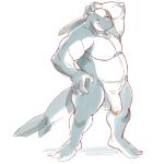  anthro balls cetacean chubby_anthro chubby_male fin flaccid foreskin genitals hand_on_head hand_on_hip head_fin hi_res humanoid_genitalia humanoid_penis male mammal marine miharushoka penis simple_background slightly_chubby smile solo standing teeth white_background 