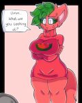  ambiguous_gender anon anthro big_breasts bodily_fluids breasts clothed clothing dialogue dialogue_box domestic_cat duo felid feline felis female female_focus food freckles fruit fur green_body green_fur green_hair green_sclera grey_body hair human humanoid mammal melon plant red_body red_clothing red_fur red_sweater red_topwear solo_focus suggestive sweat sweater text topwear turtleneck watermelon watermelon_(watermelonthecat) watermelonthecat white_eyes 