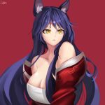  1girl absurdres ahri_(league_of_legends) animal_ear_fluff animal_ears artist_name bare_shoulders black_hair breasts cleavage detached_sleeves eyebrows eyebrows_behind_hair eyelashes facial_mark forehead fox_ears fox_girl hair_between_eyes highres kitsune kor_icseok_noin korean_commentary large_breasts league_of_legends long_hair looking_to_the_side parted_lips purple_hair red_background sidelocks simple_background solo upper_body whisker_markings yellow_eyes 