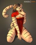  adrianna_(white_tiger_hunting) asian_clothing black_hair blue_eyes breasts chinese_clothing chinese_dress cleavage cleavage_cutout clothed clothing dress east_asian_clothing felid female feretta fur hair hi_res kneeling looking_at_viewer mammal muscular muscular_female pantherine simple_background stripes tiger white_body white_fur 