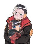  1boy 1girl animal_print apex_legends bangs bat_print black_gloves black_hair black_jacket blue_eyes chibi crypto_(apex_legends) deadly_byte_crypto gloves grey_hair holding_person hood hooded_jacket husagin jacket lightning_bolt_symbol looking_to_the_side multicolored_hair official_alternate_costume red_headwear red_jacket streaked_hair upper_body wattson_(apex_legends) white_background winged_menace_wattson 