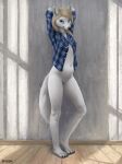 2022 anthro black_nose blonde_hair breasts canid canine clothed clothing detailed_background difetra digital_media_(artwork) feet female fur genitals hair hi_res looking_at_viewer mammal pussy smile solo toes white_body white_fur 