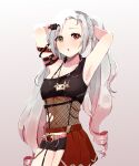  1girl absurdres alternate_costume armpits arms_up breasts casual collarbone english_commentary fishnets grey_hair heterochromia highres liliana_vampaia long_hair looking_at_viewer medium_breasts myholo_tv navel silver_hair sktar solo virtual_youtuber white_background 