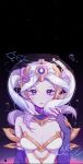  1girl absurdres bangs bare_shoulders black_background breasts cleavage collarbone cosmic_destiny_nami fingerless_gloves fish gloves gradient gradient_background hair_ornament highres large_breasts league_of_legends long_hair looking_at_viewer nami_(league_of_legends) parted_lips purple_background purple_eyes ruan_chen_yue signature solo space_helmet teeth twintails white_hair 