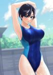  1girl absurdres armpits arms_behind_head arms_up black_hair blue_sky blue_swimsuit blurry blurry_background breasts cloud competition_swimsuit cowboy_shot day fence green_eyes highres large_breasts looking_at_viewer nono_(1n_n1_1) one-piece_swimsuit original outdoors short_hair sky solo standing stretch swimsuit 