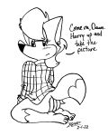 anthro anus avoid_posting barefoot black_and_white blush butt canid canine english_text feet female flannel_shirt fox fur_pattern hi_res kelli_fizuth kneeling looking_back mammal monochrome raised_tail rear_view solo tail text world_of_fizz worldoffizz 