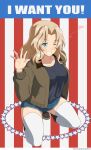  1girl ada_badguy american_flag black_shirt blonde_hair blue_eyes blue_shorts commentary_request cutoffs denim denim_shorts english_commentary english_text flag_background girls_und_panzer grin hair_intakes heart highres i_want_you jacket kay_(girls_und_panzer) kneeling long_hair looking_at_viewer mixed-language_commentary one_eye_closed open_clothes open_jacket saunders_military_uniform shirt short_shorts shorts smile solo star_(symbol) thighhighs waving white_legwear 