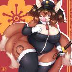  2022 4_fingers 4_tails anthro armwear belly big_breasts breasts brown_body brown_fur brown_hair bubble_gum canid canine chest_tuft cleavage cleavage_cutout clothed clothing dipstick_ears dipstick_tail female fingers fox fur gloves hair handwear hat headgear headwear hi_res huge_breasts inner_ear_fluff katana kemono legwear leotard looking_at_viewer mammal markings melee_weapon multi_tail multicolored_body multicolored_ears multicolored_fur multicolored_tail necktie one_eye_closed overweight overweight_anthro overweight_female portrait purple_eyes shibaemonxsk shirt_collar signature solo sword tail_markings text thick_thighs thigh_highs three-quarter_portrait tight_clothing translated_description tuft two_tone_body two_tone_fur weapon white_body white_fur wide_hips wink 