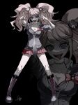  1girl absurdres bangs black_background black_shirt blonde_hair blue_eyes boots bow breasts cleavage collarbone danganronpa:_trigger_happy_havoc danganronpa_(series) enoshima_junko full_body hair_ornament harari highres knee_boots large_breasts legs_apart long_hair looking_at_viewer miniskirt multiple_views nail_polish necktie open_mouth plaid plaid_skirt pleated_skirt red_bow red_nails shirt short_sleeves signature simple_background skirt smile standing teeth tongue tongue_out twintails 