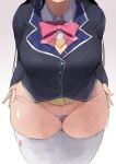  absurdres black_hair blazer bow bowtie breasts bunny_symbol collared_shirt curvy from_above head_out_of_frame highres jacket large_breasts long_hair nijisanji no_pants panties panty_pull plump school_uniform shirt simple_background skindentation solo string_panties striped striped_panties sweater thick_thighs thighhighs thighs tsukino_mito underwear v_neck very_long_hair virtual_youtuber wasabi_sushi white_legwear 