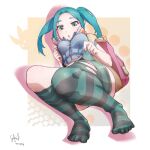  1girl ass backpack bag breasts feet from_below full_body gabriel_pavani green_eyes green_hair headphones highres knees_together_feet_apart legs monogatari_(series) no_pants ononoki_yotsugi signature simple_background striped striped_legwear thick_thighs thighhighs thighs tsukimonogatari twintails 