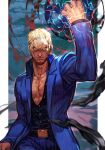  1boy blonde_hair blue_jacket blue_pants blue_shirt closed_mouth electricity forehead_jewel hand_up hungry_clicker jacket looking_at_viewer male_focus orange_eyes pants pinstripe_pattern sanpaku shirt solo street_fighter street_fighter_v striped urien 