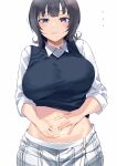  ... 1girl absurdres asaka_karin bangs black_hair blue_eyes blunt_bangs blush breasts cardigan_vest closed_mouth clothes_lift collared_shirt commentary_request hands_on_own_stomach highres large_breasts long_sleeves looking_at_viewer love_live! love_live!_nijigasaki_high_school_idol_club medium_hair namazu_(yamasonson) navel plaid shirt shirt_lift simple_background solo stomach sweatdrop wavy_hair white_background white_shirt 