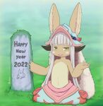  1other 2022 :3 animal_ears blue_pants commentary ears_through_headwear english_commentary furry grass green_eyes grey_hair hands_up happy_new_year helmet highres horizontal_pupils horns kionant looking_at_viewer made_in_abyss nanachi_(made_in_abyss) new_year pants sidelocks signature smile solo tombstone topless 