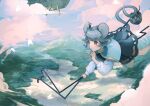  1girl :o animal animal_ears basket blue_capelet boat capelet cloud cloudy_sky commentary commission dowsing_rod feet_out_of_frame finger_to_own_chin floating forest grey_hair grey_skirt grey_vest hand_up highres holding holding_basket holding_with_tail jewelry koito_(bowstringsmall) long_sleeves mountain mountainous_horizon mouse mouse_ears mouse_girl mouse_tail nature nazrin open_mouth outdoors palanquin_ship pendant prehensile_tail red_eyes river scenery short_hair skeb_commission skirt sky solo tail touhou vest watercraft wavy_hair white_sleeves 