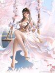  animal_ears anklet bare_legs barefoot bird breasts brown_hair douluo_dalu dress highres jewelry large_breasts long_hair mu_mo_ran_yu_jun_hua_xi_yan rabbit_ears swing tree white_dress xiao_wu_(douluo_dalu) 