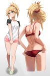  1girl ass back bangs blonde_hair bra braid breasts dolphin_shorts fate/apocrypha fate_(series) french_braid glasses green_eyes highres long_hair looking_at_viewer mordred_(fate) mordred_(fate/apocrypha) multiple_views panties parted_bangs pink_shorts ponytail red_bra red_panties short_shorts short_sleeves shorts sidelocks slippers small_breasts tonee underwear 