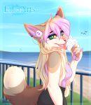  anthro blue_eyes canid canine clothed clothing day detailed_background ear_piercing ear_ring ei-ka eyebrows eyelashes female fox fur grass hair mammal outside piercing plant sky smile teeth tongue 