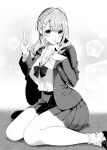  1girl bangs bow bowtie braid breasts closed_mouth collared_shirt eyebrows_visible_through_hair french_braid greyscale hand_on_own_chest hands_up highres jacket large_breasts loafers looking_at_viewer loose_socks low_twintails masaoka_misaki medium_hair monochrome open_clothes open_jacket original pleated_skirt shirt shirt_tucked_in shoes sitting skirt smile socks solo twintails v wariza 