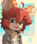  2022 ahoge anthro arcadius0505 big_ears big_eyes blep bodily_fluids canid canine chest_tuft clothed clothing cute_fangs ear_markings facial_markings fox fur green_eyes hair head_markings head_tilt hi_res inner_ear_fluff jacket kemono looking_at_viewer male mammal markings multicolored_ears portrait red_body red_fur red_hair saliva saliva_on_tongue short_hair signature solo tongue tongue_out topwear tuft white_body white_fur yellow_body yellow_fur young 