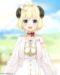  2016 ahoge animal_ears arms_at_sides bangs blonde_hair blurry blurry_background bow cardigan choker company_name copyright curled_horns dress eyebrows_visible_through_hair fuumi_(radial_engine) hair_ornament hairband hairclip hololive horns looking_at_viewer official_art open_cardigan open_clothes open_mouth purple_eyes ribbon_choker sailor_collar sheep_ears sheep_horns short_hair smile sweater tsunomaki_watame upper_body 
