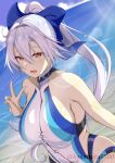  1girl blue_bow blue_swimsuit bow cowboy_shot fate/grand_order fate_(series) highleg highleg_swimsuit highres kasabuta9500 looking_at_viewer multicolored_clothes multicolored_swimsuit one-piece_swimsuit ponytail red_eyes silver_hair smile solo striped_wristband swimsuit tomoe_gozen_(fate) tomoe_gozen_(swimsuit_saber)_(fate) two-tone_swimsuit white_swimsuit 