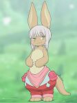  1other :3 animal_ears blurry blurry_background depth_of_field eyebrows_visible_through_hair facial_mark full_body furry grey_hair highres kionant looking_at_viewer made_in_abyss nanachi_(made_in_abyss) pants pouch puffy_pants rabbit_ears sidelocks smile solo tail whisker_markings 