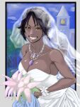  1girl alternate_costume alternate_hairstyle bare_arms bare_shoulders bleach border bouquet breasts bridal_veil bride church church_bell cleavage collarbone dark-skinned_female dark_skin day dress earrings flower grin half-closed_eyes happy highres holding holding_bouquet jewelry large_breasts leaning_forward lipstick looking_at_viewer makeup necklace outdoors purple_hair shihouin_yoruichi smile solo strapless strapless_dress tata_(pixiv57531723) teeth tied_hair veil wedding_dress white_dress yellow_eyes 