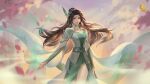  1girl absurdres doupo_cangqiong dress earrings green_dress highres jewelry legs long_hair mountain petals silk sleeves sword sword_behind_back weapon yun_yun_(doupo_cangqiong) yun_yun_guan_bo 