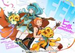  2girls ;d anniversary armor armored_boots belt bikini bikini_top_only black_footwear black_gloves black_shorts blue_dress blue_eyes boots bouquet bracelet breastplate breasts brown_belt brown_gloves clothes_around_waist cloud cloudy_sky commentary confetti congratulations copyright_name dress earrings eirika_(fire_emblem) eyebrows_visible_through_hair feet_out_of_frame fingerless_gloves fire_emblem fire_emblem:_the_sacred_stones fire_emblem:_three_houses fire_emblem_heroes flower foot_out_of_frame gloves helmet holding holding_bouquet holding_flower jacket jacket_around_waist jewelry knee_pads leather leather_gloves leonie_pinelli light_blue_hair long_hair looking_at_viewer medium_breasts miniskirt multiple_girls o-ring_belt official_alternate_costume official_art one_eye_closed open_hand open_mouth orange_bikini orange_eyes orange_hair orange_jacket outstretched_arm pleated_skirt ponytail ribbon short_dress short_hair short_shorts shorts signature skirt sky smile sunflower swimsuit thigh_boots thighhighs thighhighs_under_boots translated visor wada_sachiko watermark white_legwear white_skirt zettai_ryouiki 