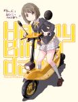  1girl bangs birthday blush breasts character_name commentary_request english_text eyebrows_visible_through_hair frown grey_hair ground_vehicle happy_birthday highres looking_at_viewer love_live! love_live!_nijigasaki_high_school_idol_club maruyo motor_vehicle motorcycle nakasu_kasumi nijigasaki_academy_uniform purple_eyes short_hair sidelocks small_breasts solo translation_request yellow_background 