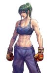  1girl abs absurdres armpit_peek bangs bare_shoulders black_eyes blue_tank_top boxing_gloves breasts cirenk collarbone crop_top ear_piercing green_hair highres large_breasts midriff navel original pants piercing ponytail purple_pants serious simple_background solo tank_top toned track_pants white_background 