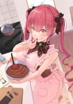  1girl apron bare_arms bowl breasts brown_ribbon candy chocolate chocolate_bar chocolate_making commentary_request cutting_board drill_hair eyebrows_visible_through_hair food food_on_face frilled_apron frills from_above hair_ribbon heterochromia highres holding holding_bowl hololive houshou_marine izu_(tea_value_lord) large_breasts licking licking_finger long_hair looking_at_viewer mixer_(cooking) neck_ribbon pink_apron pot red_eyes red_hair ribbon sidelocks solo stove twin_drills twintails valentine virtual_youtuber wooden_floor yellow_eyes 