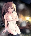 1girl blush breasts brown_eyes cleavage collarbone hair_tie heterochromia highres kantai_collection large_breasts long_hair looking_at_viewer mimamui murasame_kai_ni_(kancolle) naked_towel night onsen outdoors red_eyes smile solo towel two_side_up very_long_hair 
